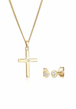 Elli DIAMONDS Schmuckset »Kette Stecker Kreuz Diamant (0.075 ct)585 Gelbgold«